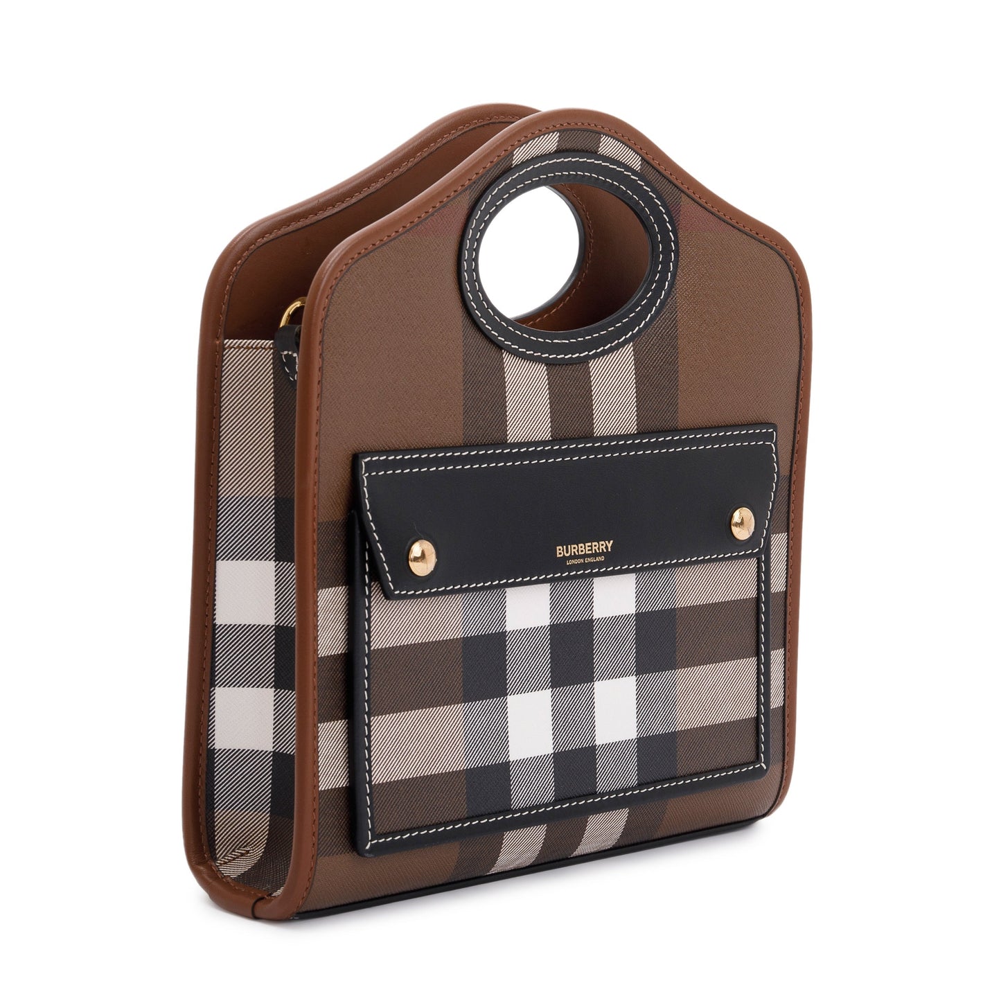 Burberry 2023 Brown Check Canvas and Black/Brown Leather Mini Pocket Bag