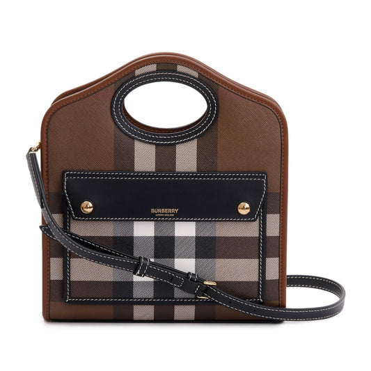 Burberry 2023 Brown Check Canvas and Black/Brown Leather Mini Pocket Bag