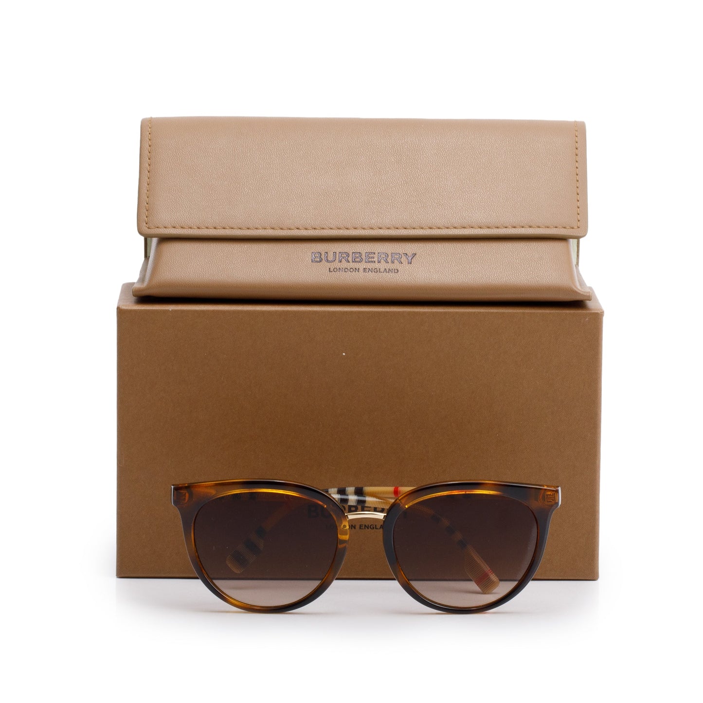 Burberry B 4316 House Check & Havana Acetate Round Sunglasses