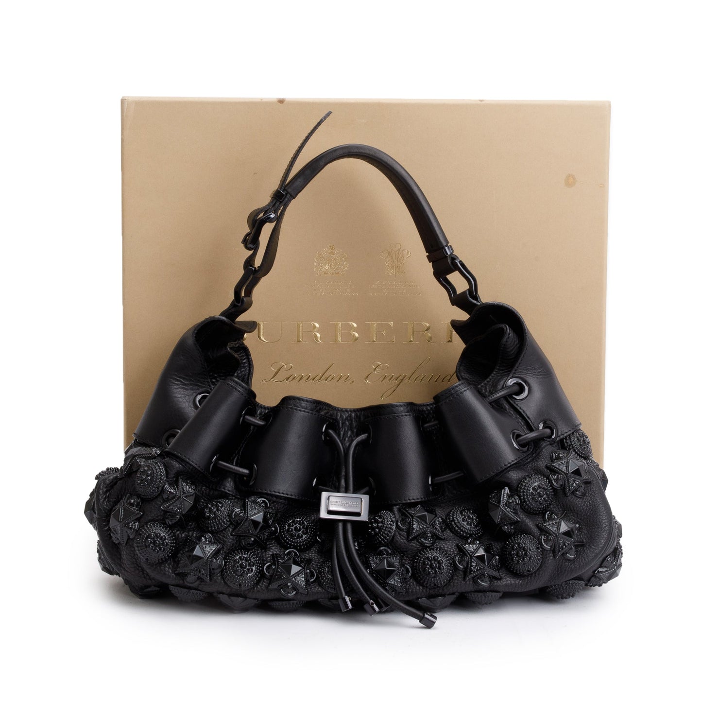 Burberry Black Calfskin Leather Mason Warrior Studded Hobo