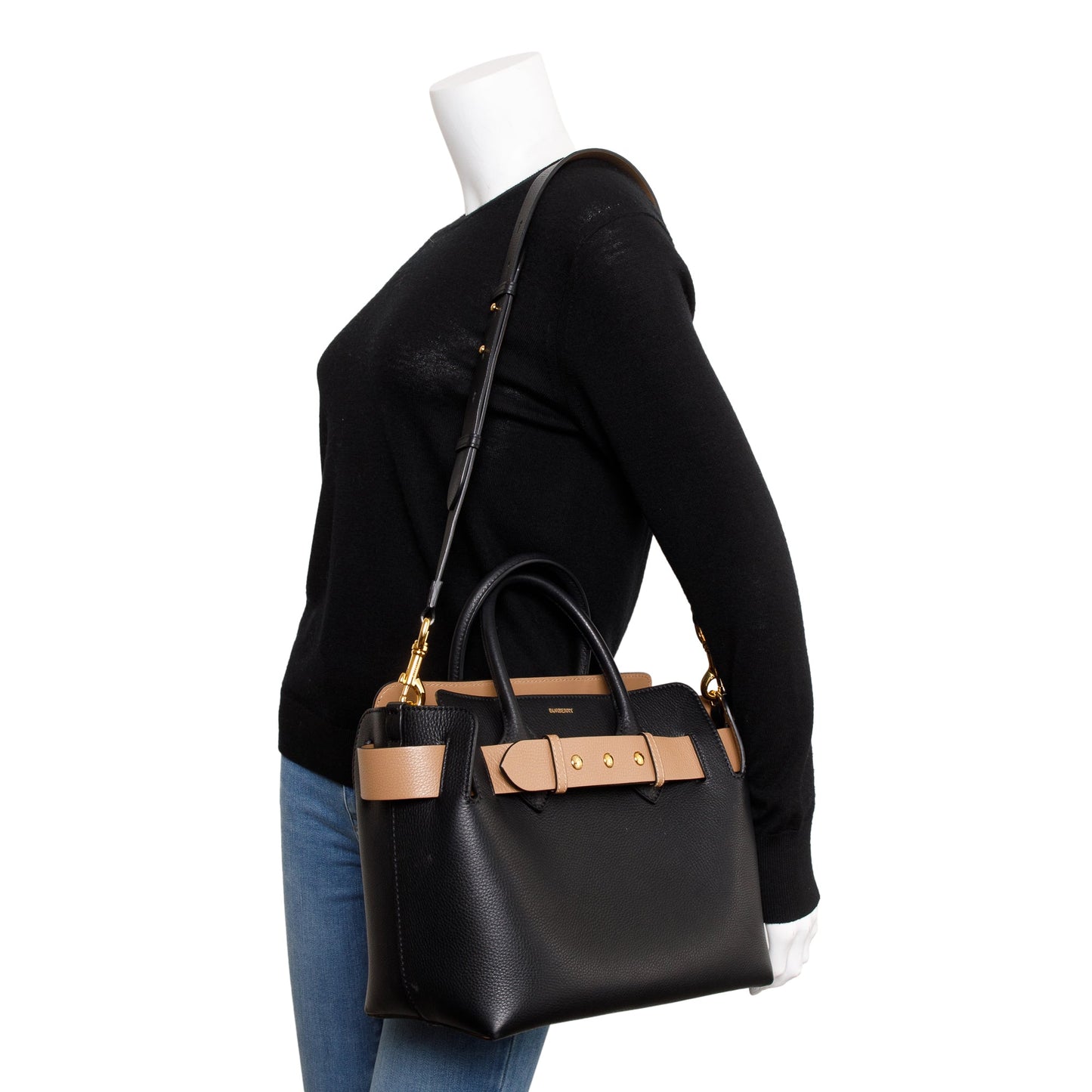 Burberry Black Grained Calfskin Leather Small Belt Tote Bag