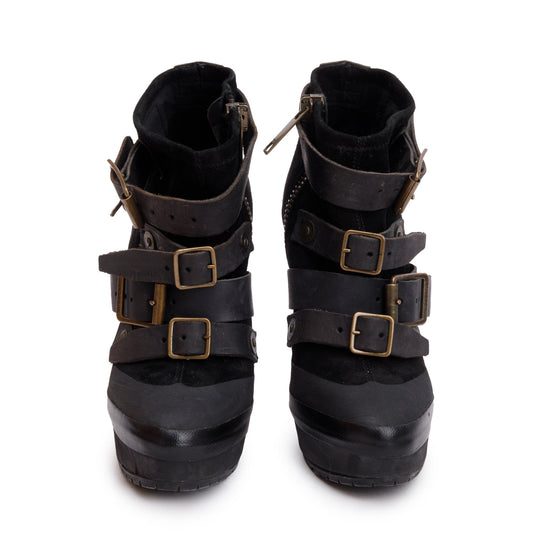 Burberry Black Leather /Suede Biker Moto Boots, Size 35.5