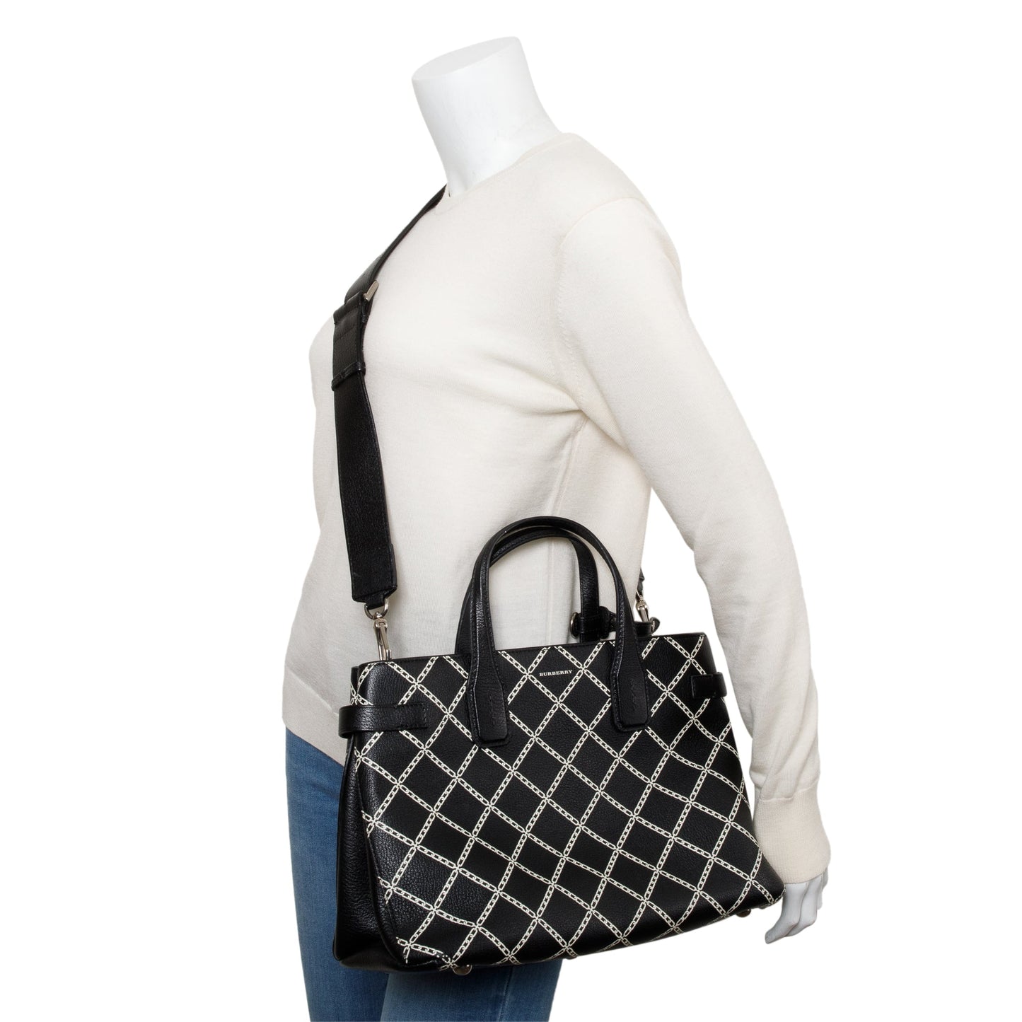 Burberry Black Printed Calfskin Leather Medium Banner NM Tote