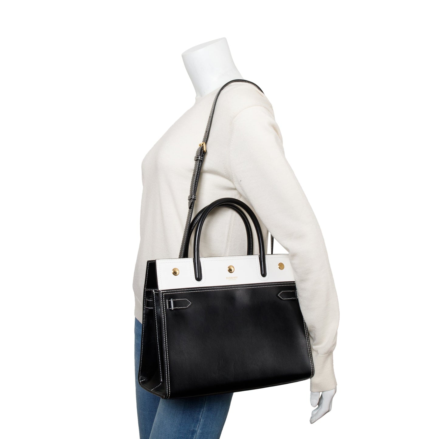 Burberry Black & White Calfskin Leather Small Two Handle Title Tote