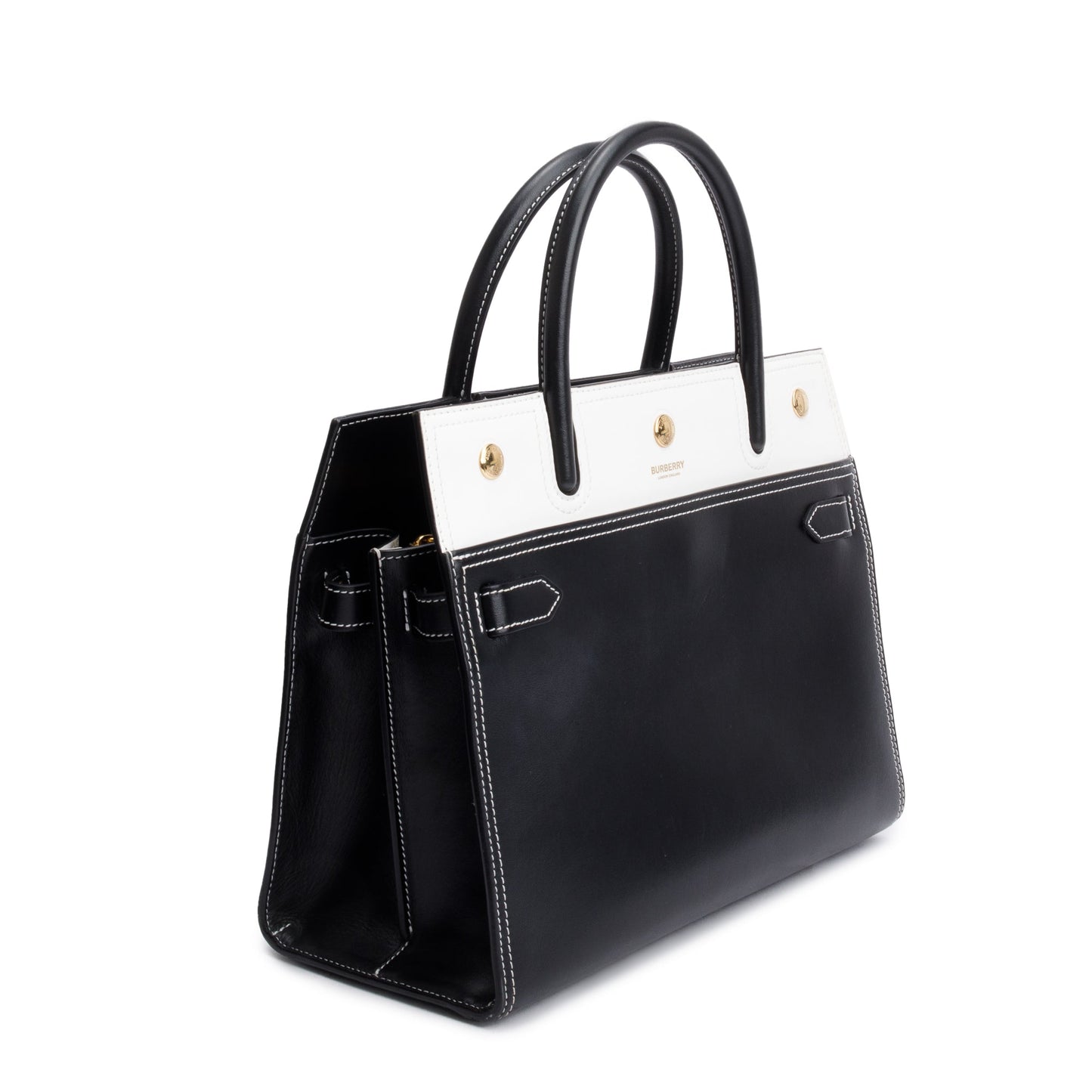Burberry Black & White Calfskin Leather Small Two Handle Title Tote