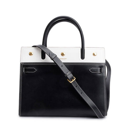 Burberry Black & White Calfskin Leather Small Two Handle Title Tote