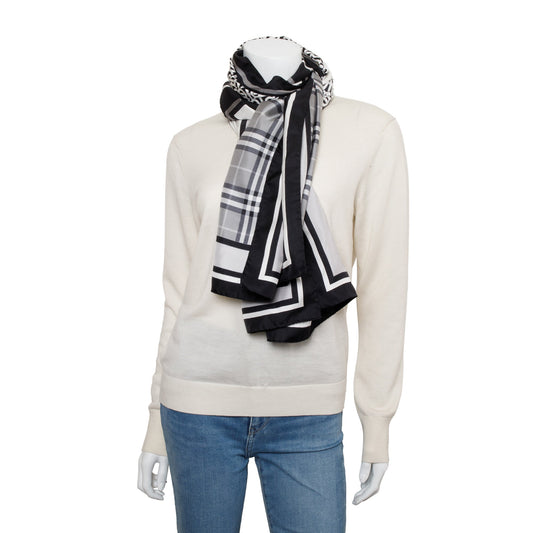 Burberry Black & White Vintage Check Icon Stripe TB Monogram Print Silk Scarf
