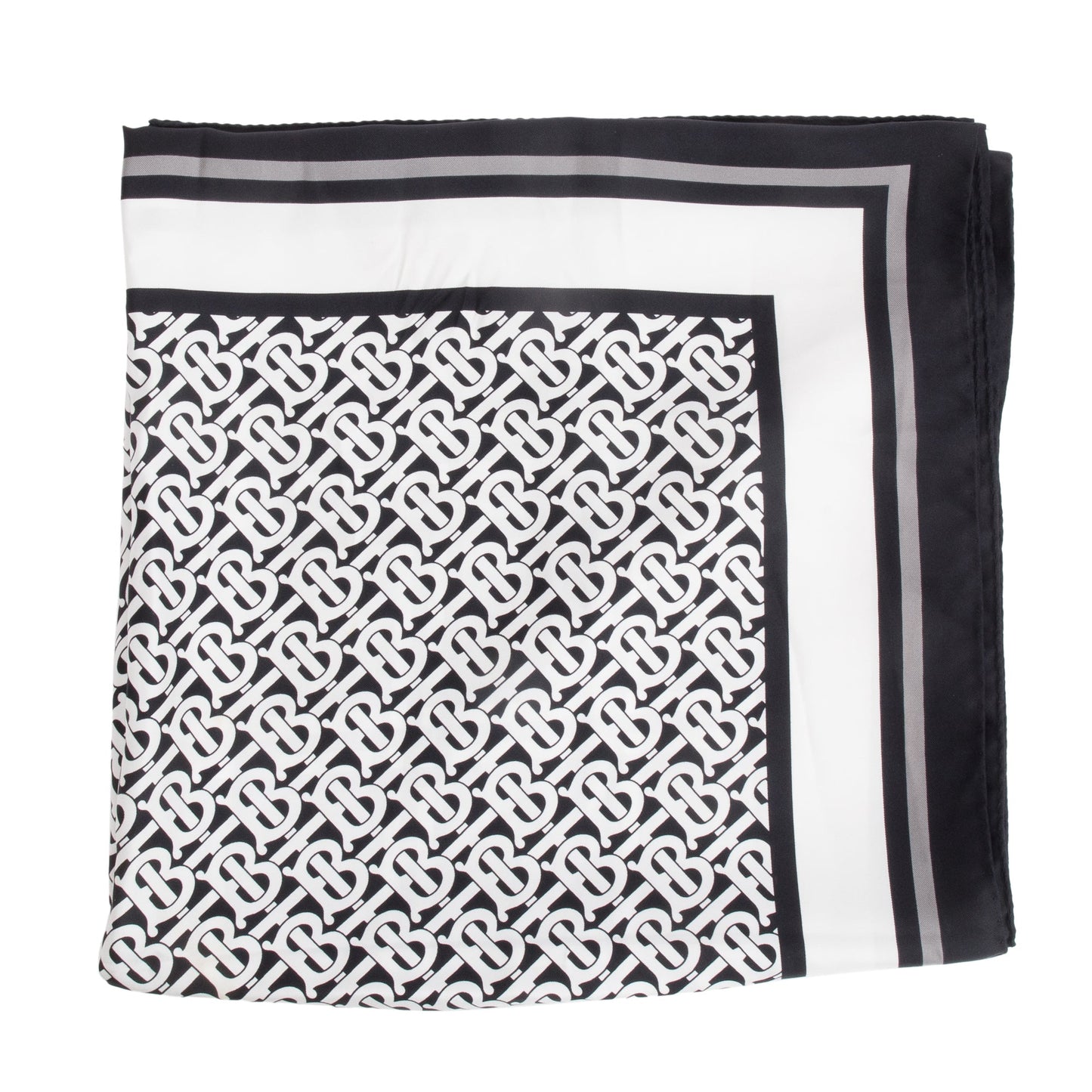 Burberry Black & White Vintage Check Icon Stripe TB Monogram Print Silk Scarf