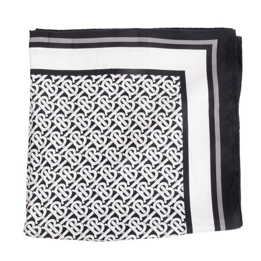 Burberry Black & White Vintage Check Icon Stripe TB Monogram Print Silk Scarf