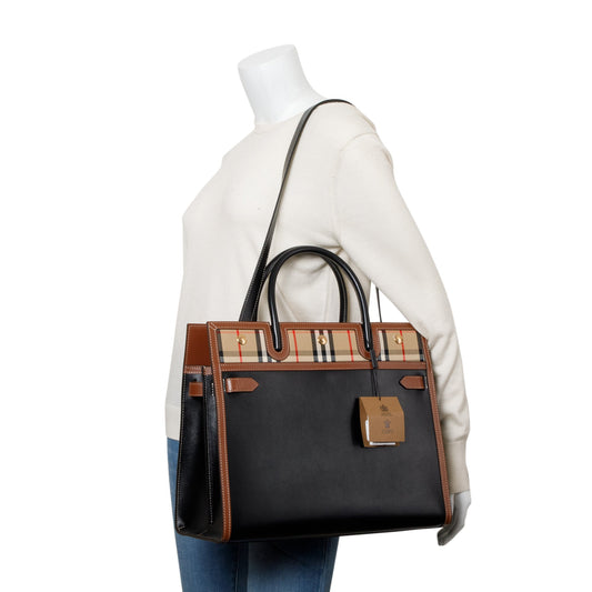 Burberry Black/Brown Calfskin Leather Vintage Check Trim Medium Two Handle Title Tote