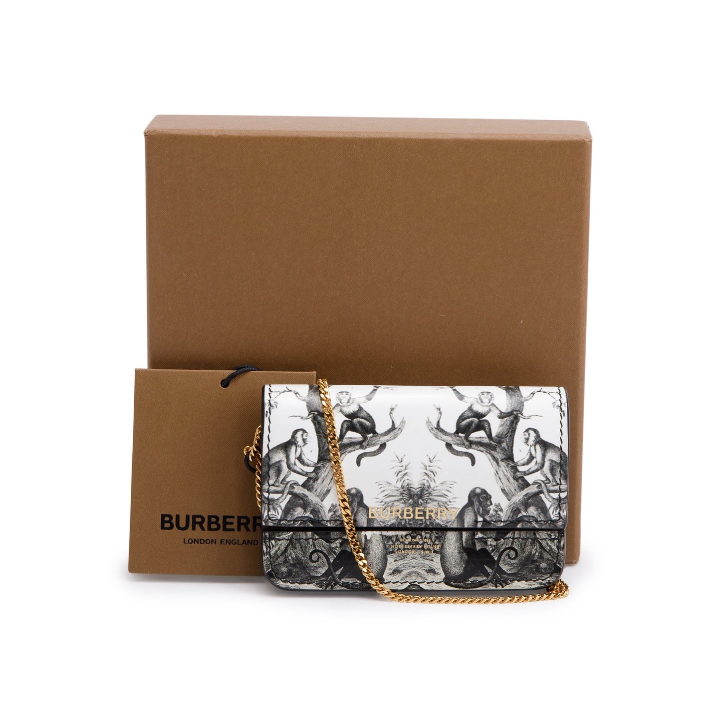 Burberry Black/White Monkey Print Leather Card Case On Chain