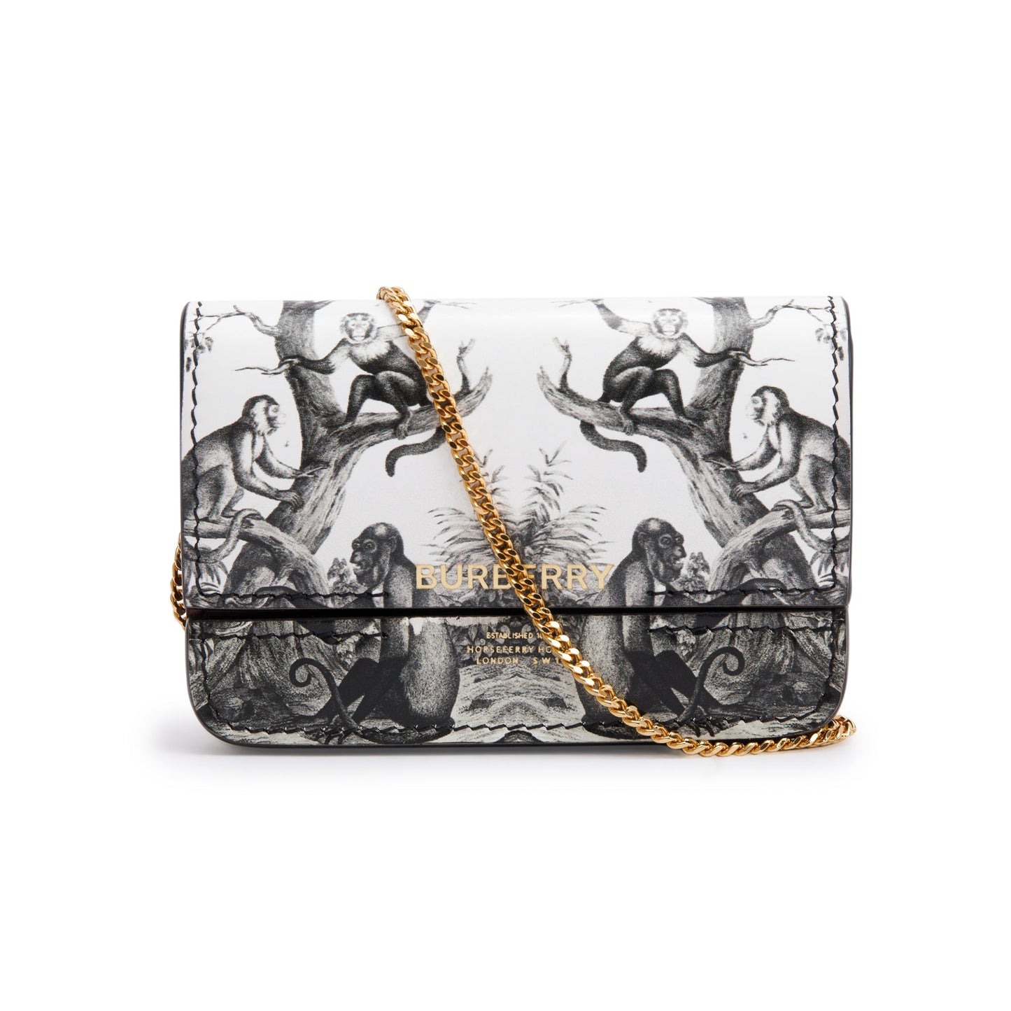 Burberry Black/White Monkey Print Leather Card Case On Chain
