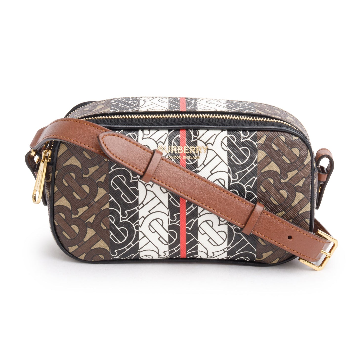 Burberry Brown TB Monogram Stripe E-Canvas Blue Micro Camera Crossbody Bag