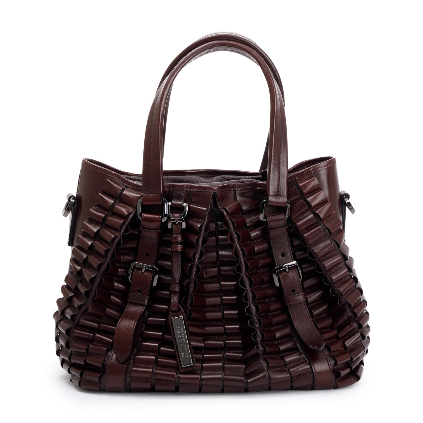 Burberry Burgundy Calfskin Leather Cartridge Pleated Lowry Tote
