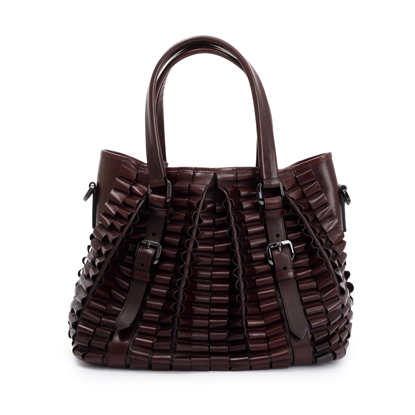 Burberry Burgundy Calfskin Leather Cartridge Pleated Lowry Tote