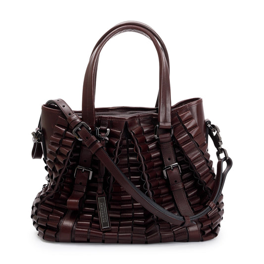 Burberry Burgundy Calfskin Leather Cartridge Pleated Lowry Tote