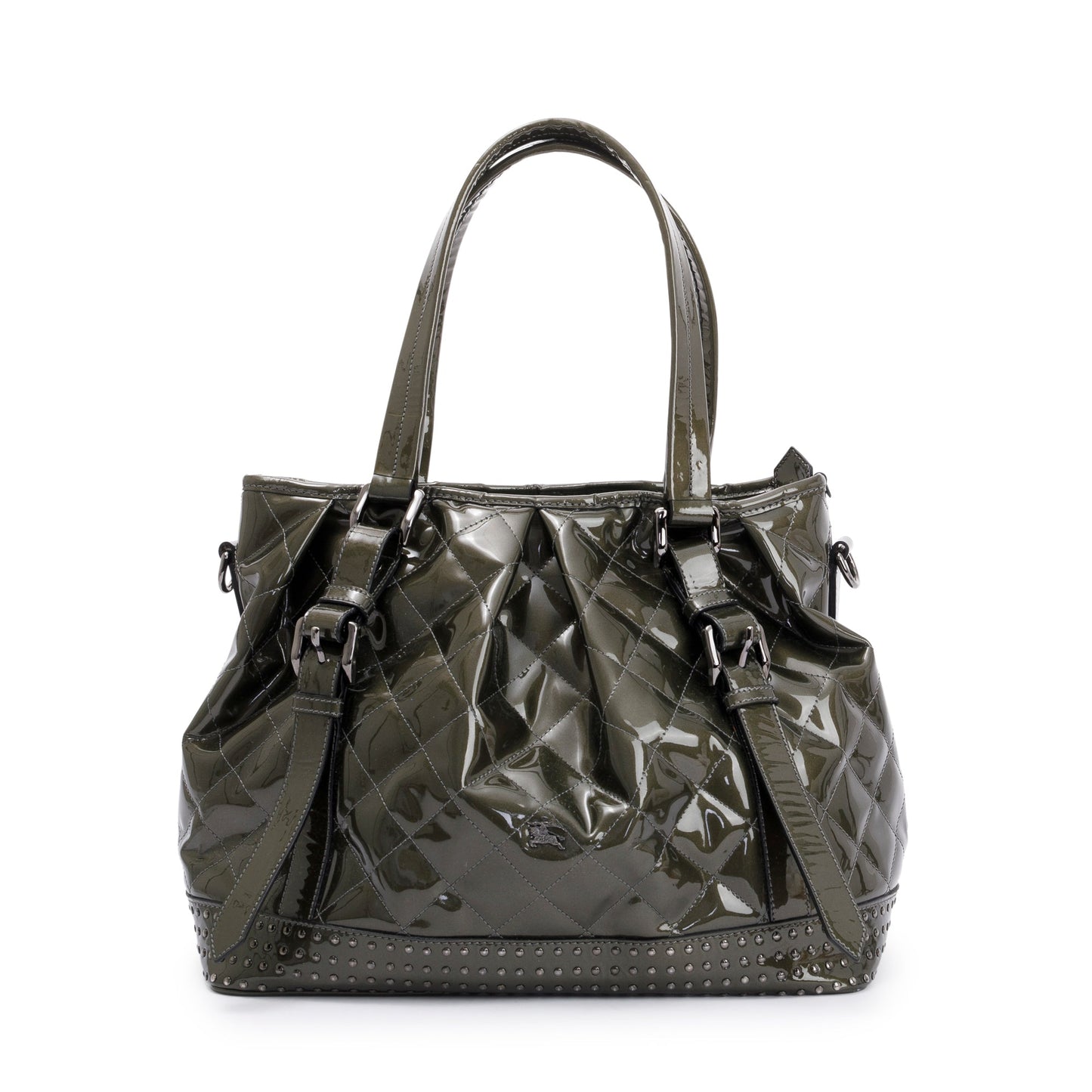 Burberry Green Quilted Patent Leather Studded Lowry Bag