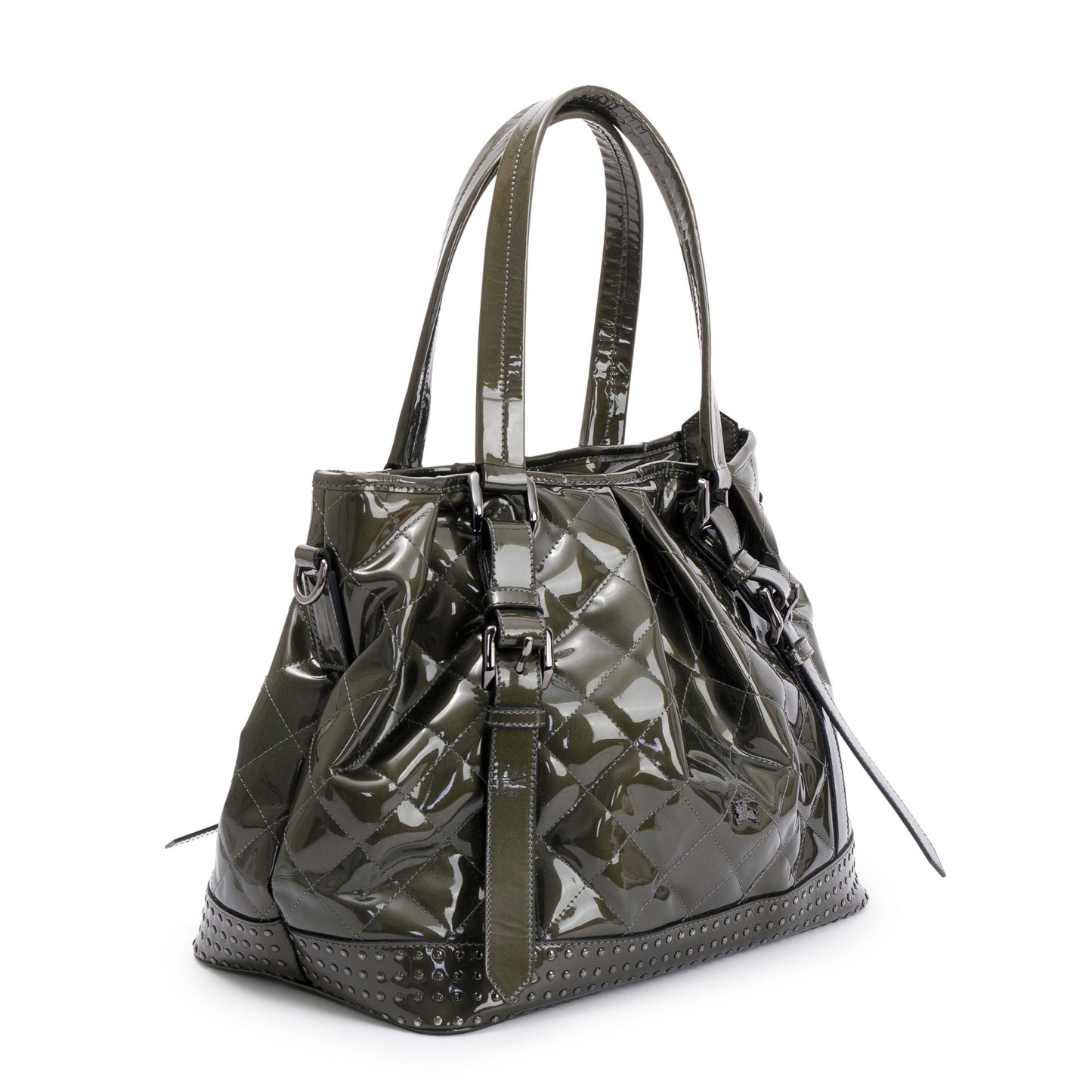 Burberry Green Quilted Patent Leather Studded Lowry Bag