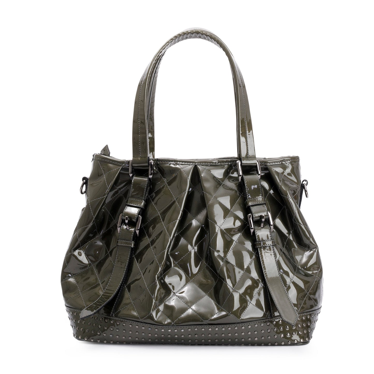 Burberry Green Quilted Patent Leather Studded Lowry Bag