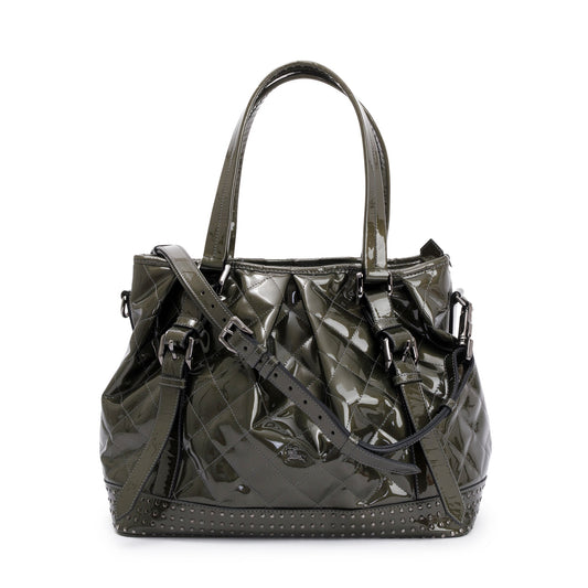 Burberry Green Quilted Patent Leather Studded Lowry Bag