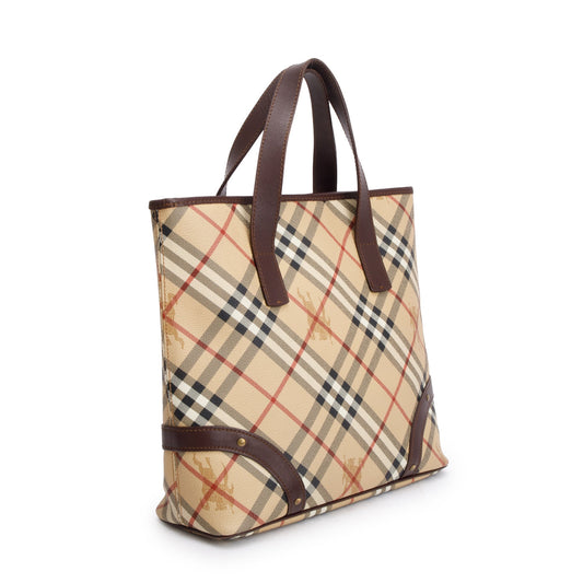 Burberry Haymarket Check Leather-Trimmed Studded Tote Bag