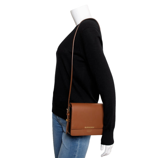 Burberry Malt Brown & Black Calfskin Leather Small Grace Bag