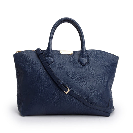 Burberry Navy Check Embossed Heritage Grain Leather Dewsbury Tote