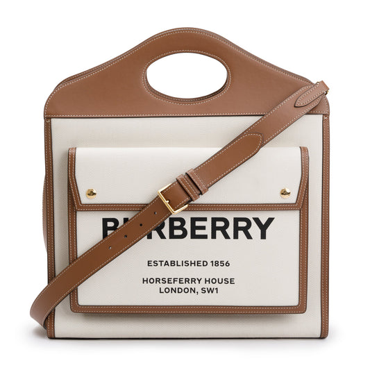 Burberry Neutral Canvas and Brown Leather Medium Pocket Bag