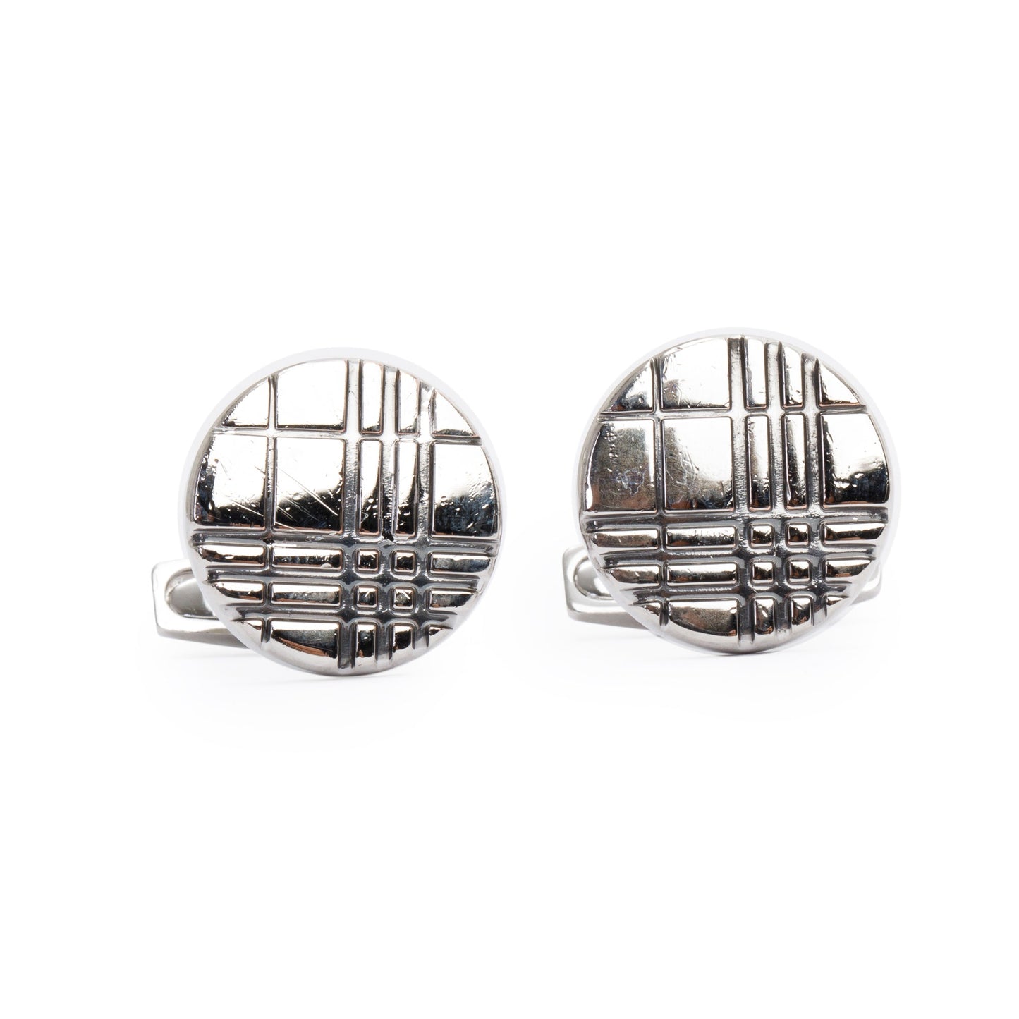 Burberry Palladium Plated Check-Engraved Round Cufflinks