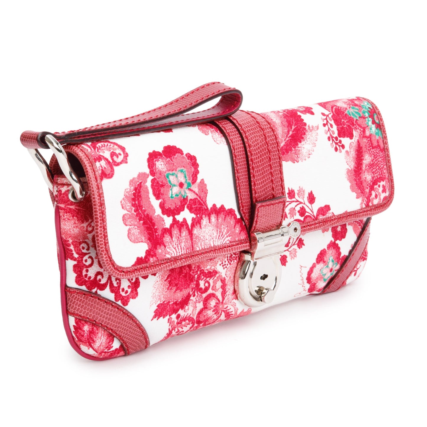 Burberry Pink Floral Print Canvas Python Trim Wristlet Clutch