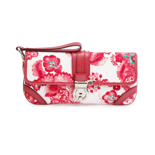 Burberry Pink Floral Print Canvas Python Trim Wristlet Clutch