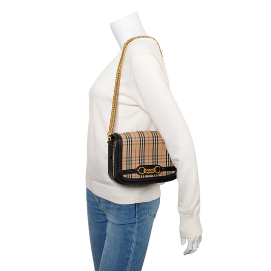 Burberry Vintage 1983 Knight Check Canvas Link Flap Shoulder Bag