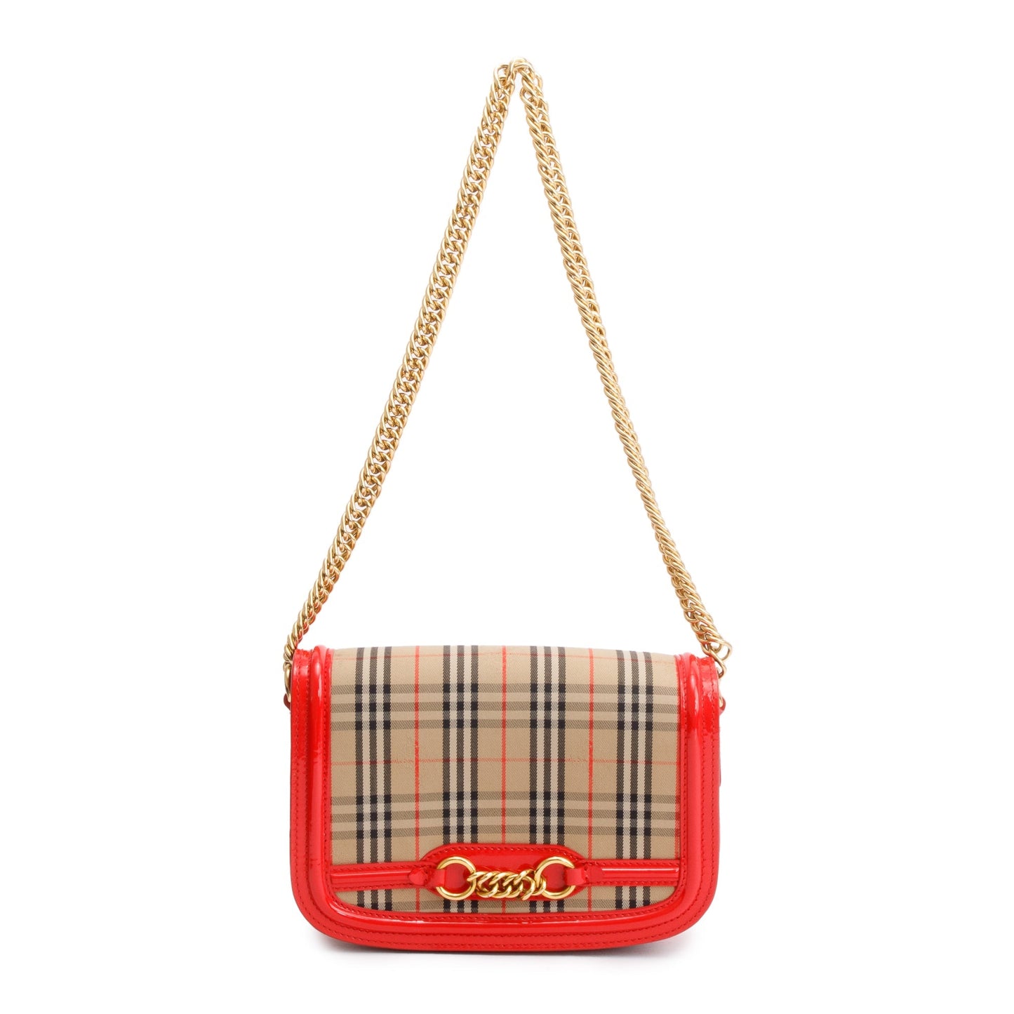 Burberry Vintage 1983 Knight Check Canvas Red Patent Leather Trinm Link Flap Shoulder Bag