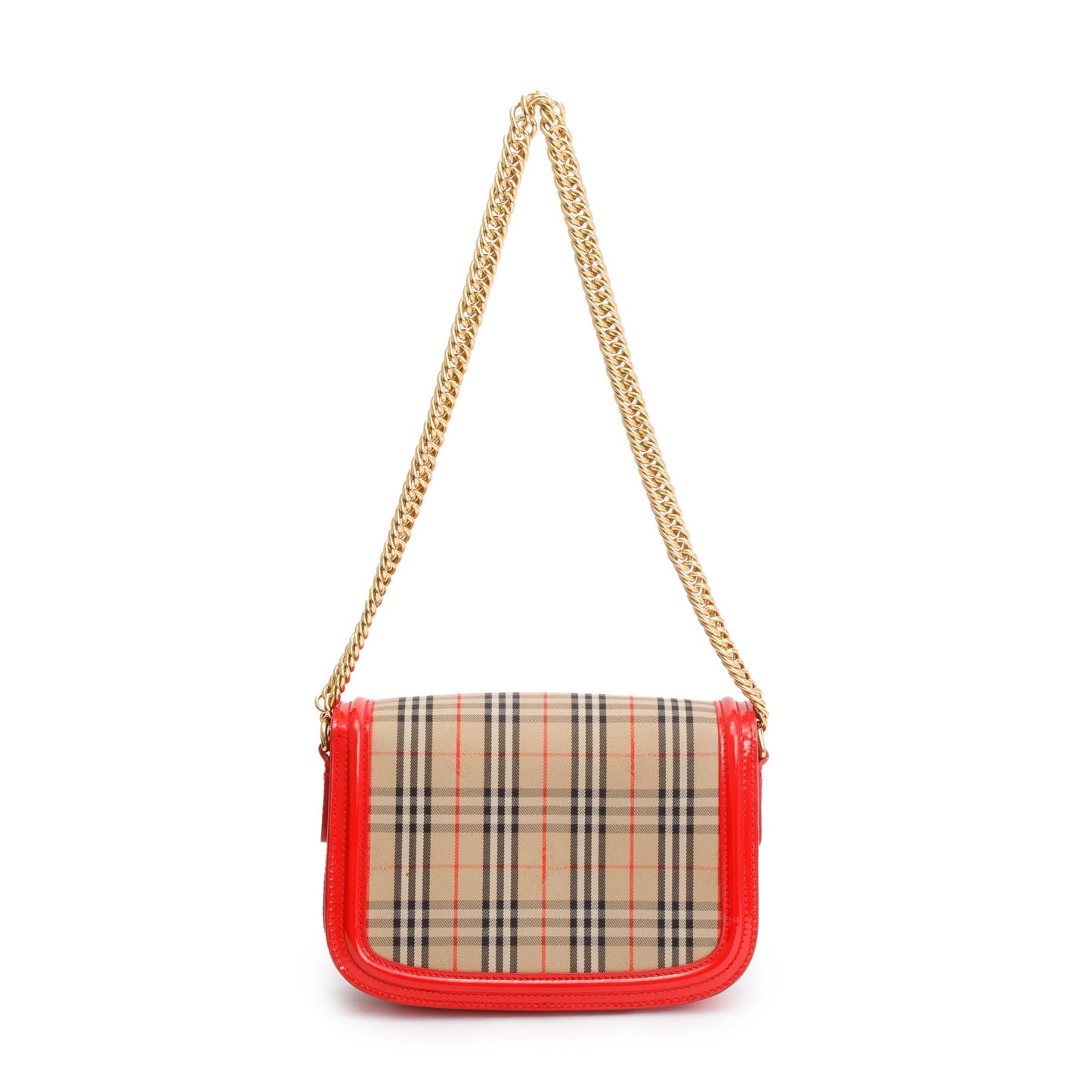 Burberry Vintage 1983 Knight Check Canvas Red Patent Leather Trinm Link Flap Shoulder Bag