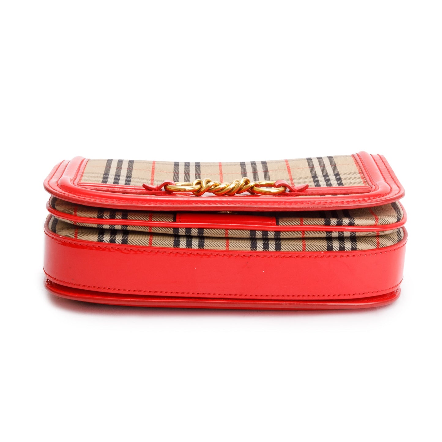 Burberry Vintage 1983 Knight Check Canvas Red Patent Leather Trinm Link Flap Shoulder Bag