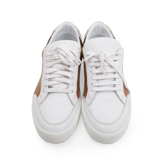 Burberry White House Check and Leather Low Top Sneakers, Size 41