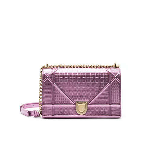 CHRISTIAN Luxury Dior Metallic Calfskin Micro-Cannage Luxury Diorama Medium Flap Bag Pink