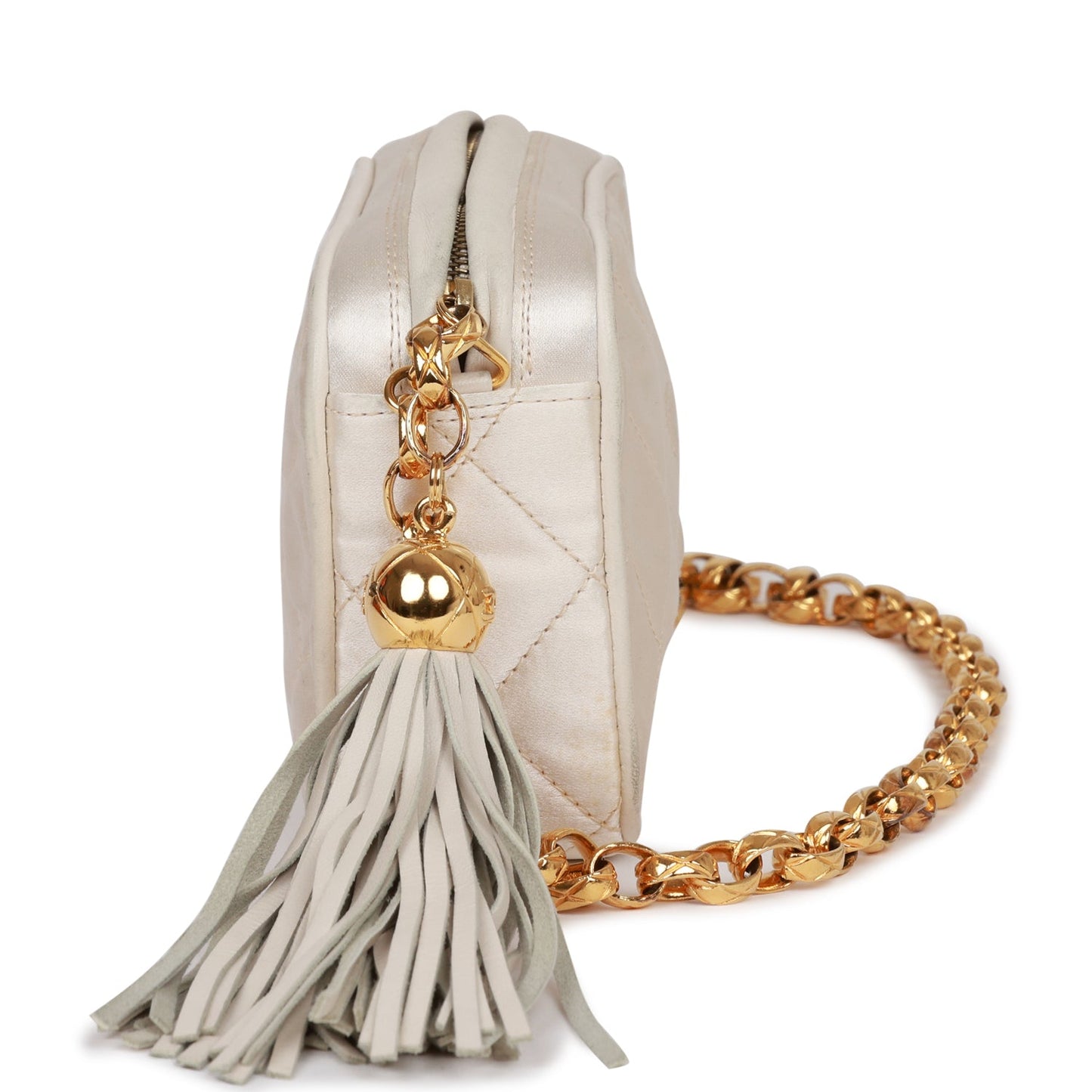 Vintage Luxury Chanel Mini Camera Bag Beige Satin Gold Hardware