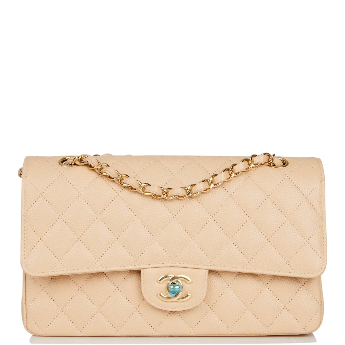 Luxury Chanel Medium Classic Double Flap Bag Beige Caviar Gold Hardware