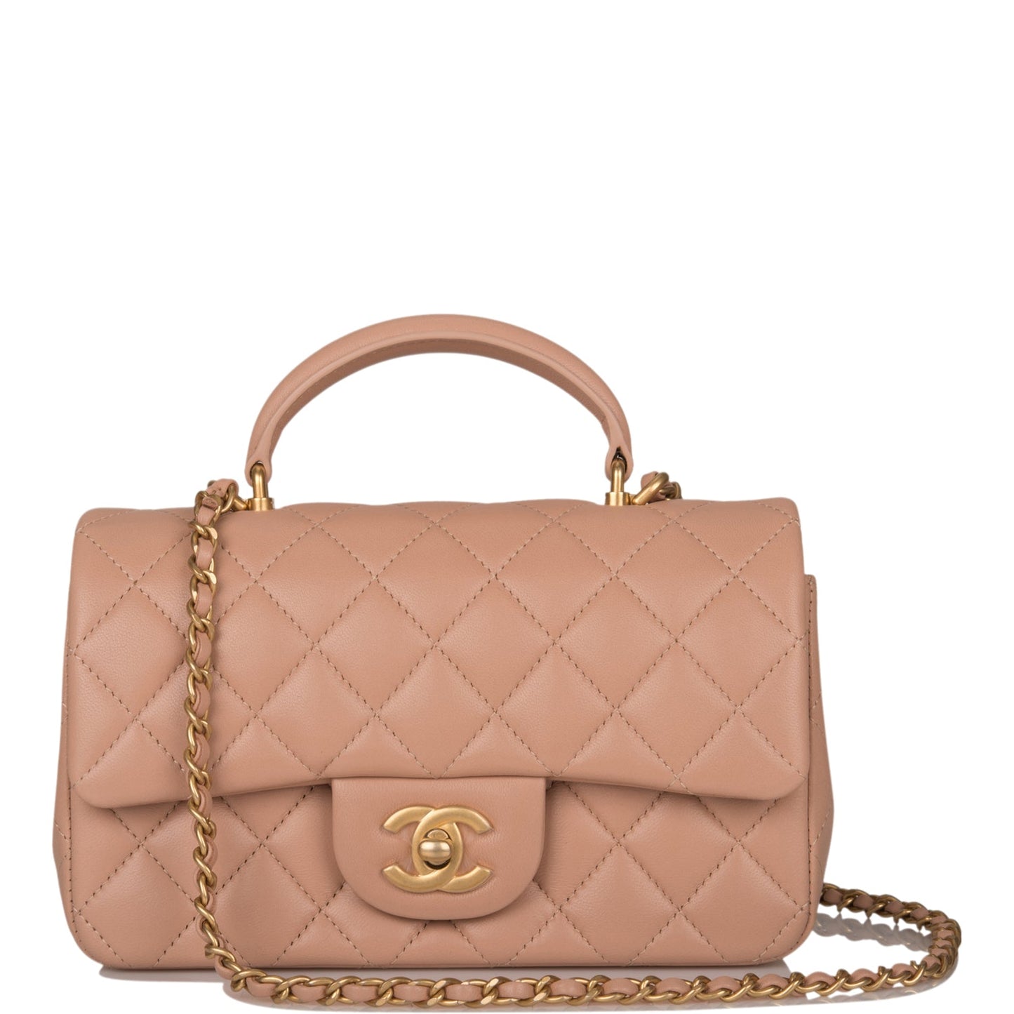Luxury Chanel Mini Rectangular Flap with Top Handle Beige Lambskin Antique Gold Hardware