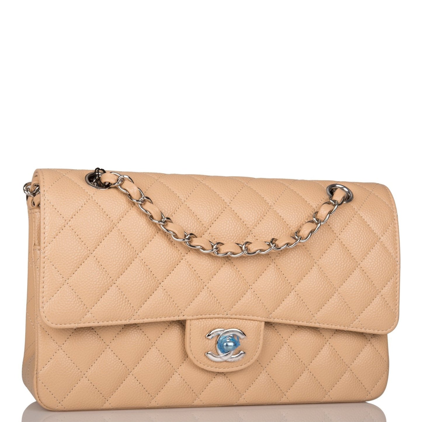 Luxury Chanel Medium Classic Double Flap Bag Beige Quilted Caviar Silver Hardware