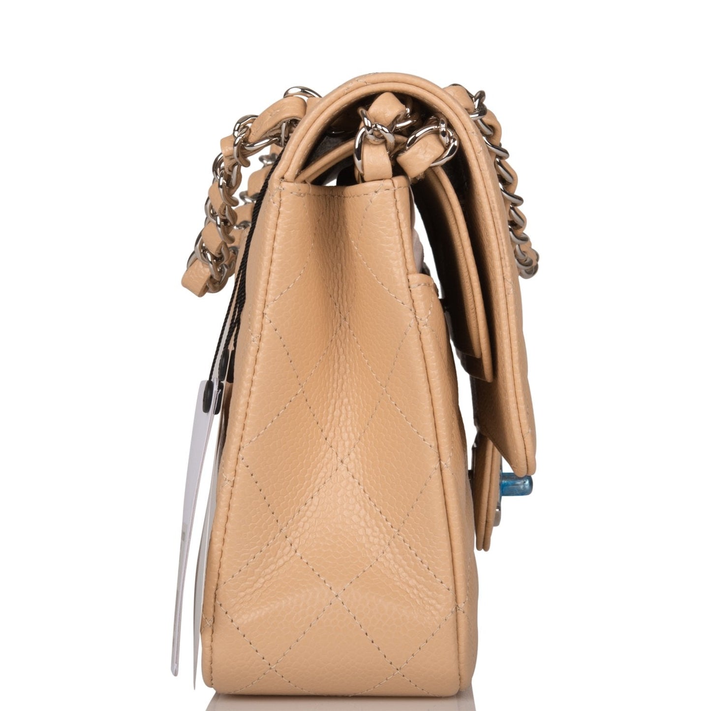Luxury Chanel Medium Classic Double Flap Bag Beige Quilted Caviar Silver Hardware