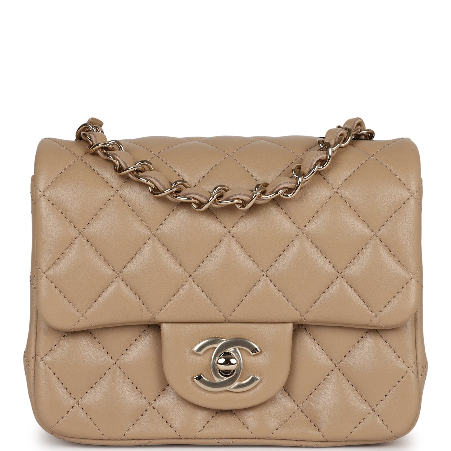 Luxury Chanel Mini Square Flap Bag Beige Lambskin Light Gold Hardware