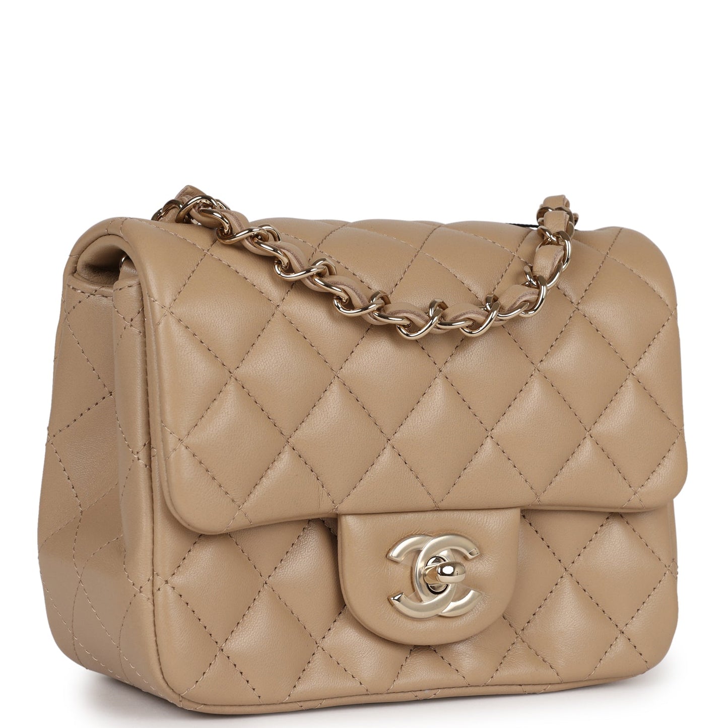 Luxury Chanel Mini Square Flap Bag Beige Lambskin Light Gold Hardware