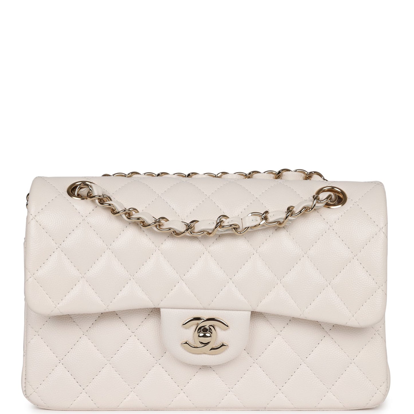 Luxury Chanel Small Classic Double Flap White Caviar  Light Gold Hardware
