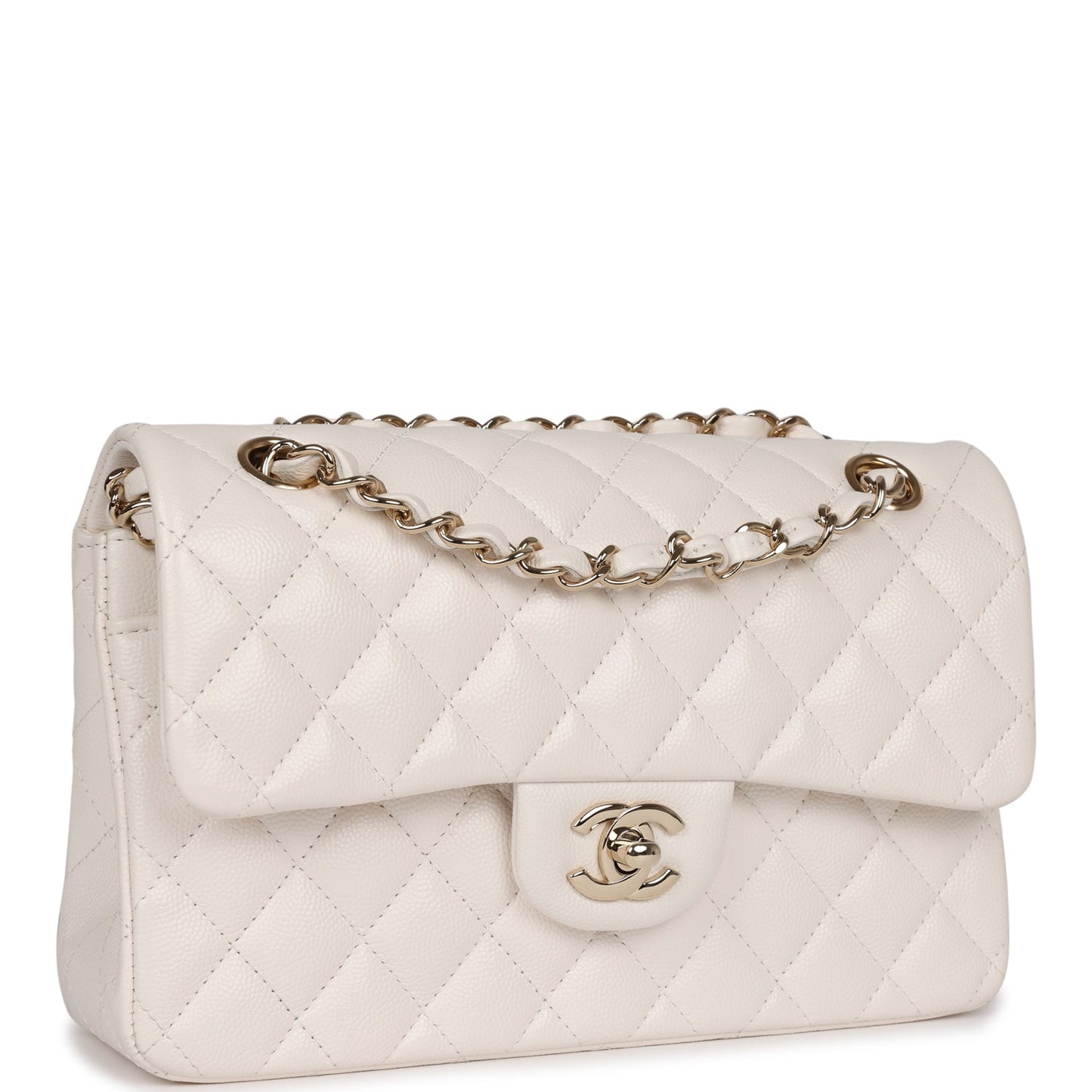 Luxury Chanel Small Classic Double Flap White Caviar  Light Gold Hardware