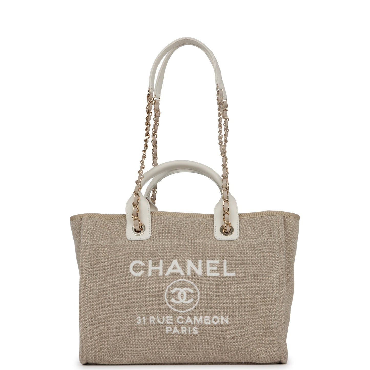 Luxury Chanel Small Deauville Shopping Bag White and Beige Boucle Light Gold Hardware