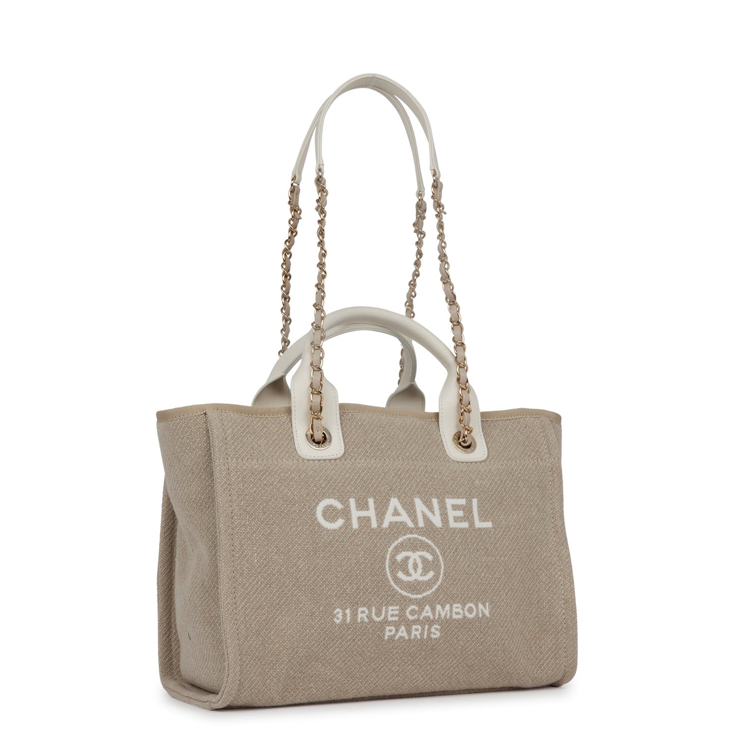 Luxury Chanel Small Deauville Shopping Bag White and Beige Boucle Light Gold Hardware