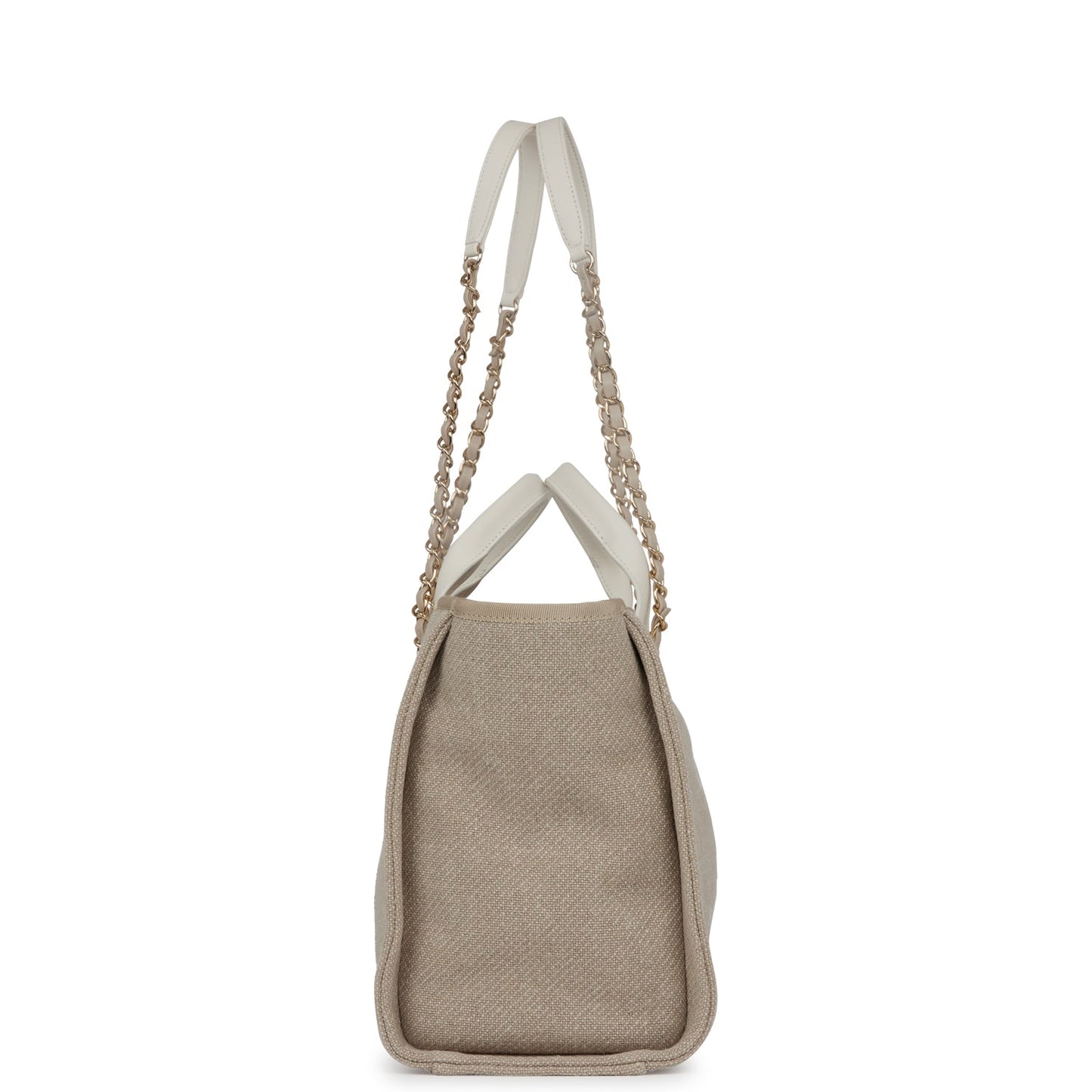 Luxury Chanel Small Deauville Shopping Bag White and Beige Boucle Light Gold Hardware