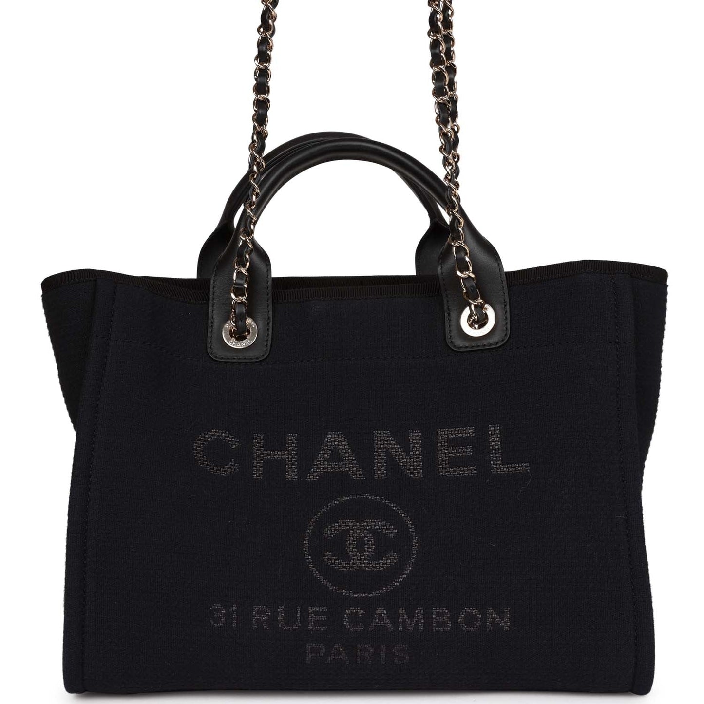 Luxury Chanel Small Deauville Shopping Bag Black Canvas and Calfskin Light Gold Hardware